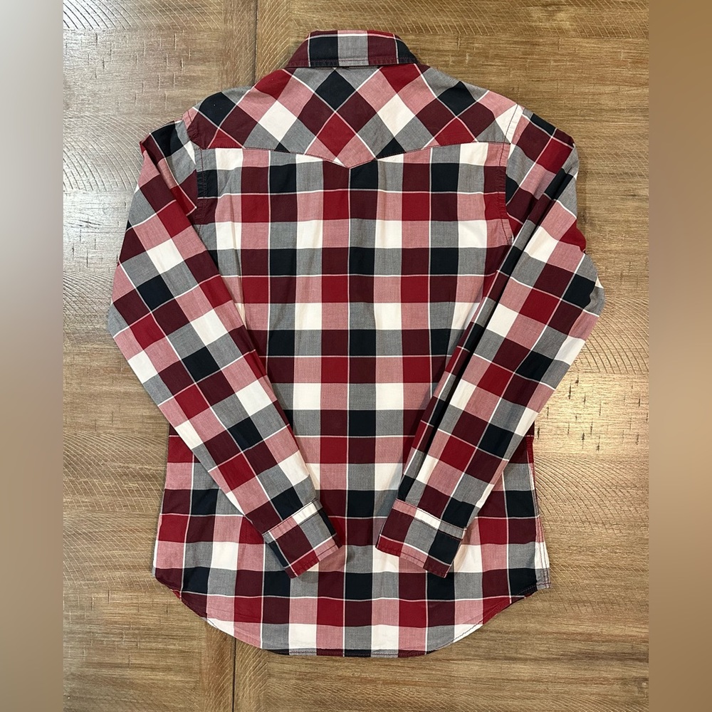 Express Men's Maroon/ White Plaid Button Up Fitted Shirt Size M Front Pockets - Picture 15 of 16